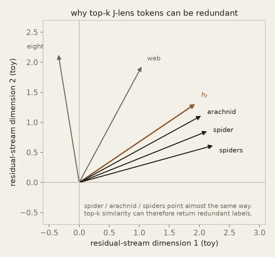 Toy residual-stream plot where spider, arachnid, and spiders point almost the same way, so a top-k list repeats one concept.